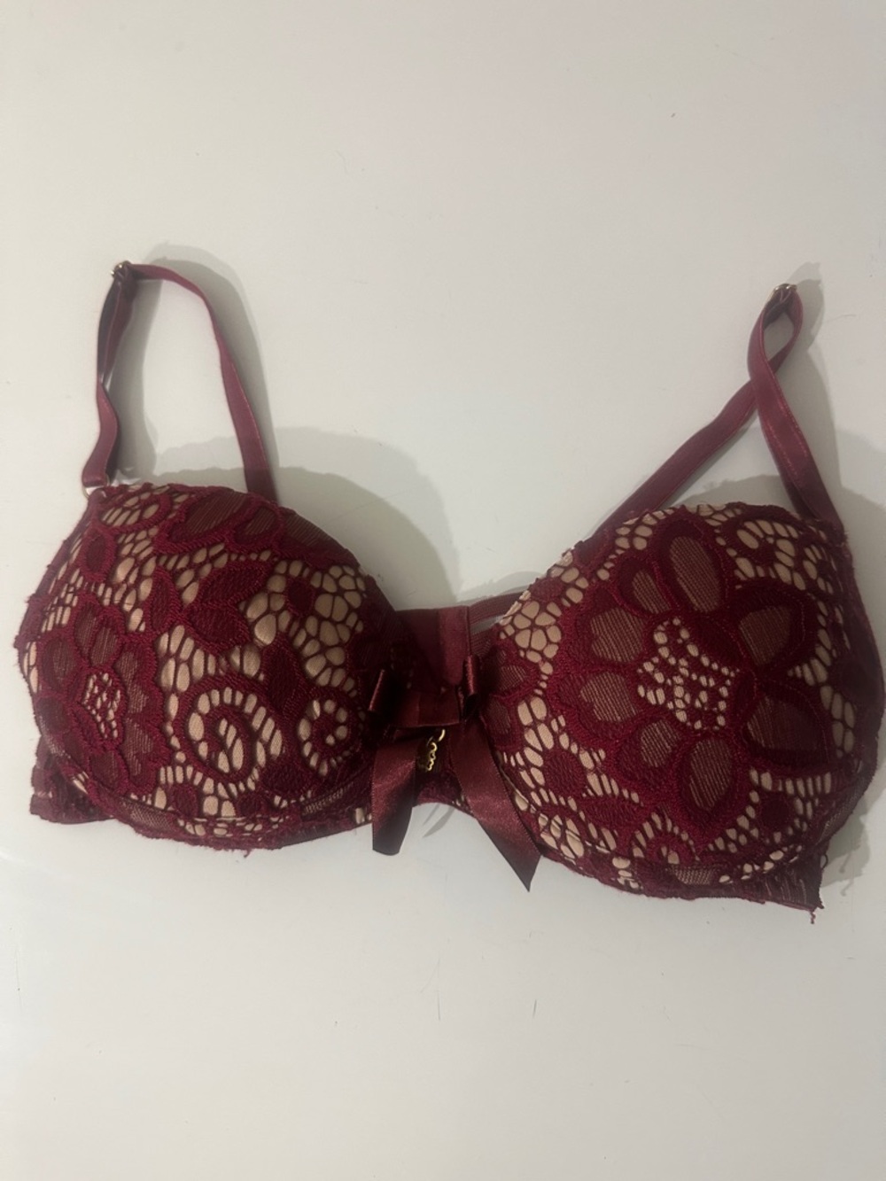 LAPELLE Wine Lace Push-Up Bra with Satin Bow Sz M